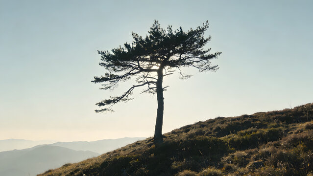 Solitary pine tree on mountain ridge with sun backlighting