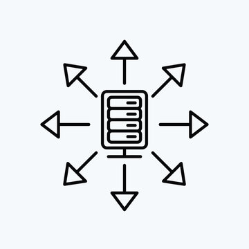 Server unit with multiple directional arrows for data distribution and network load balancing infrastructure concept vector line art graphic