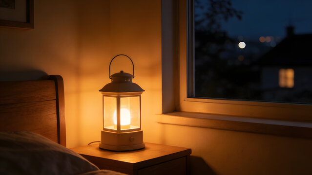 White lantern emitting warm light on wooden nightstand beside bed