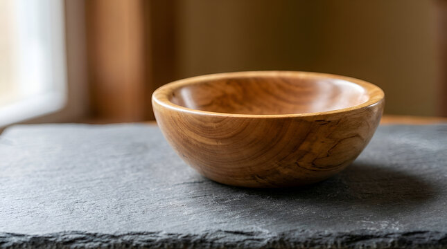 Empty small handcrafted wooden bowl resting on a slate surface with handmade container interior homeware tableware material homestyle preparation presentation backdrop minimalist