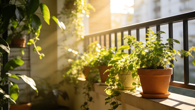 Potted green leafy plants on balcony railing in sunlight