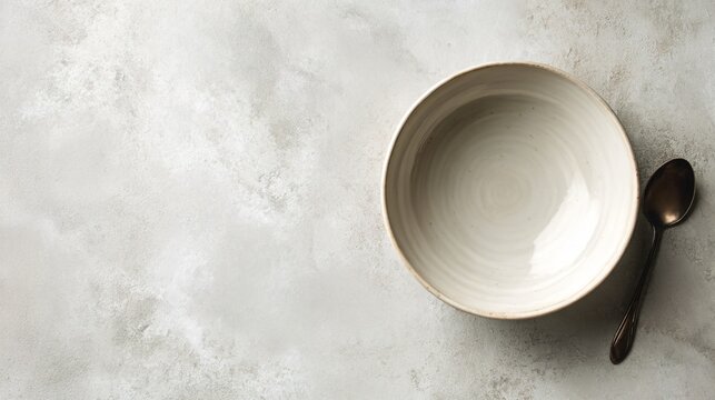 A clean commercial flat lay with a bowl positioned along one side leaving large copy space on a neutral surface