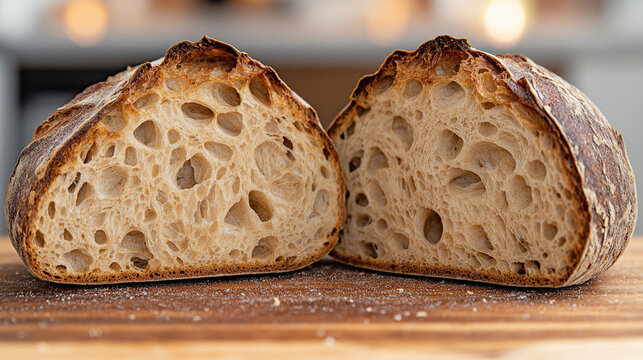 Slicing a freshly baked sourdough loaf on a wooden cutting board, golden-brown exterior to reveal the airy, soft crumb inside.