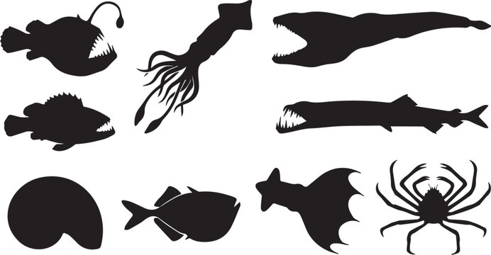 Set of black vector silhouettes featuring deep sea creatures and marine life isolated on white background