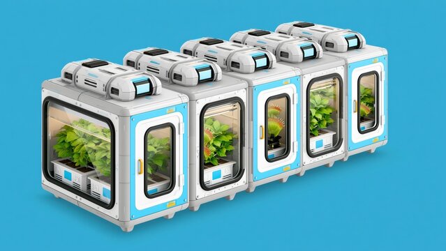 Row of futuristic modular plant incubators on blue background.