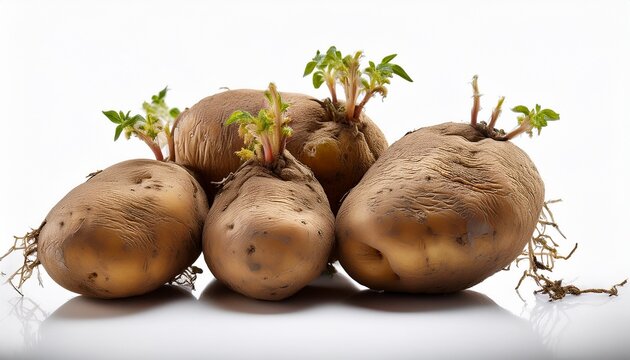 sprouting wrinkled potatoes isolated on white background aged potato tubers with long shoots natural decay and organic texture ideal for food concepts gardening and botanical compositions