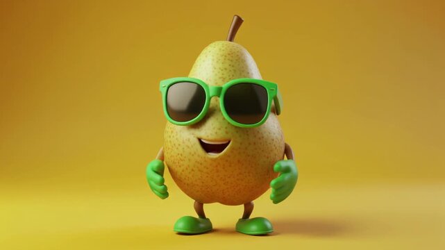 Funny cartoon pear character dancing with sunglasses
