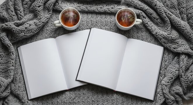 Cozy reading setup with blank journal.