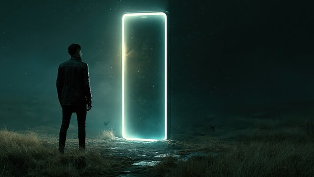 Man standing in dark grass looking at massive glowing rectangular smartphone portal.