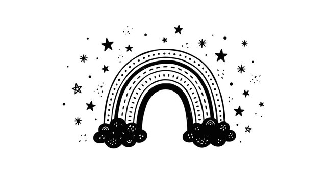 Hand-drawn black and white rainbow with stars and clouds, whimsical doodle art