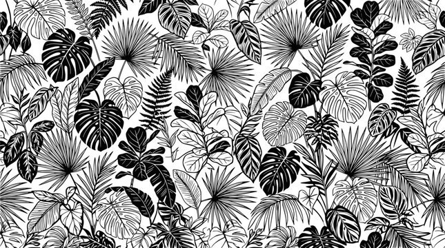 Monochrome Tropical Leaves Pattern - Exotic Botanical Jungle Foliage Black and White