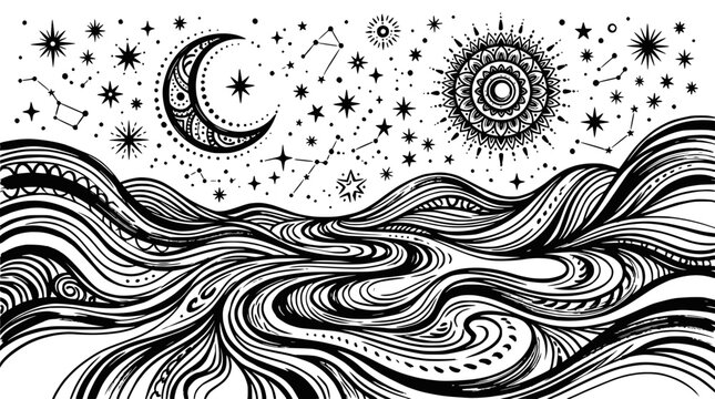 Celestial Dreamscape: Moon, Sun, Stars, and Swirling Waters - Black and White