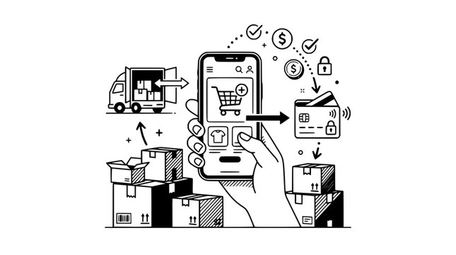 Online Shopping Mobile App Delivery and Payment Process Illustration