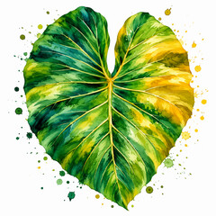 Heart Shaped Tropical Leaf Watercolor Illustration with Green Yellow Paint Splatter © Adhinatha