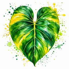 Heart Shaped Philodendron Leaf Watercolor Illustration with Green Yellow Paint Splatter © Adhinatha