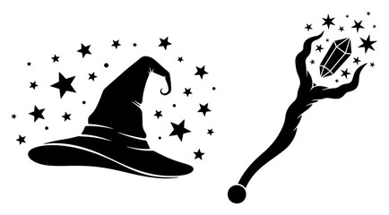 Witch hat and magic staff with crystal and stars in black silhouette style © Cristiano