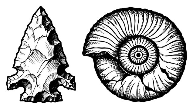 Arrowhead and ammonite fossil shell in vintage hand drawn engraving style