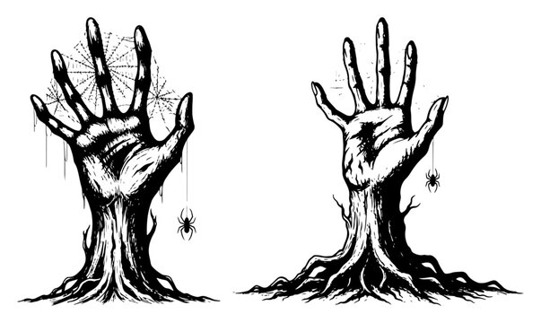 Creepy zombie hands rising from the ground with spiders in detailed line art style