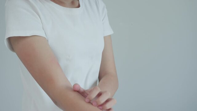 skin problem and beauty. woman scratch body has itchy skin from skin allergic, steroid allergy, sensitive skin, red from sunburn, chemical allergy, rash, insect bites, Seborrheic Dermatitis.