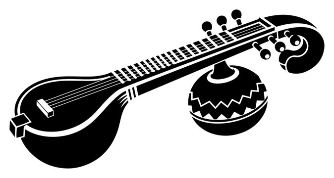 Veena traditional indian musical instrument in bold black and white graphic style