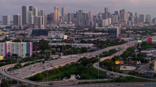 Trending Night Drone View Interstate 95 Highway Intersection Downtown Miami Cityscape in 4K Ultra HD footage.
