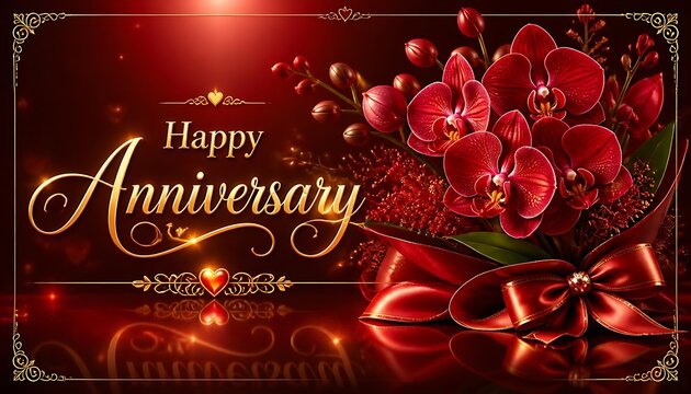 Happy Anniversary wishing card with premium designed red  orchids 