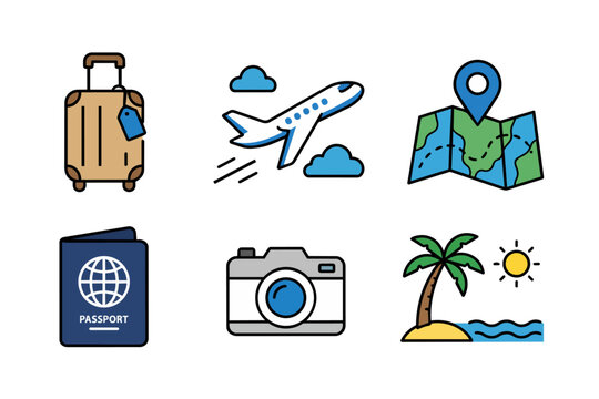 Vector travel icons with clear background including an illustration of a plane taking off, camera, passport and luggage for vacation 