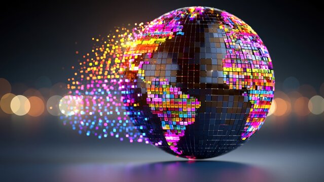 Colorful disco ball globe shattering into glowing square pixel particles.