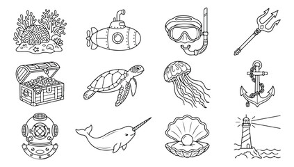 Oceanic Adventure Line Art Vector Icon Set, Underwater Marine Life and Exploration Elements, Sea Creatures and Nautical Equipment Collection, Black and White Outline Graphics for Kids and © Carter