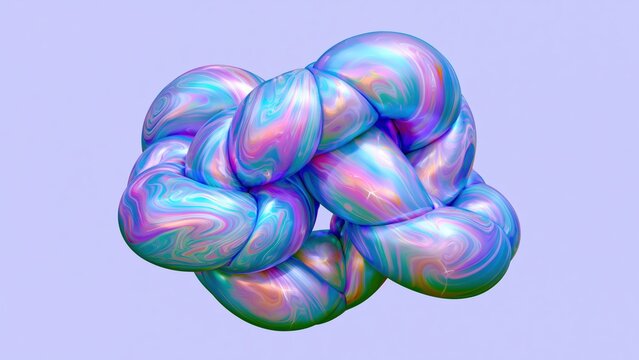Iridescent knotted twisted 3D blob shape floating on solid purple background.