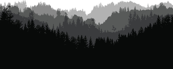 Abstract mountain range silhouette backdrop with layered hills and pine forest mountain silhouette landscape background panoramic wilderness evergreen environment illustration minimalist © MstAsmaAkter