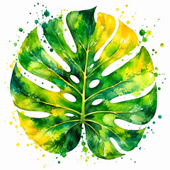 Tropical Monstera Leaf Watercolor Illustration with Green Yellow Paint Splatter © Adhinatha