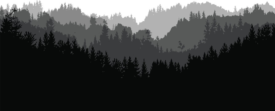 Abstract mountain range silhouette backdrop with layered hills and pine forest mountain silhouette landscape background panoramic wilderness evergreen environment illustration minimalist