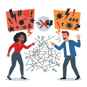 Couple arguing, conflict communication break, angry emotions, shouting dispute
