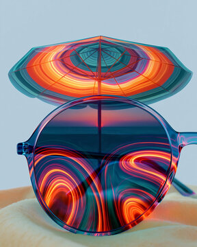 Colorful Abstract Glass Umbrella and Sunglasses on Soft Fabric