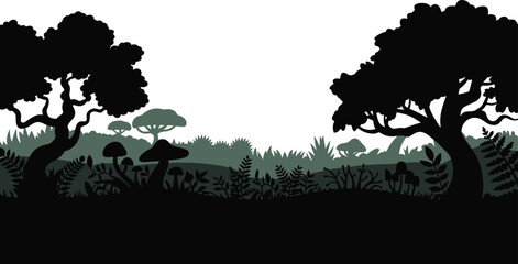 Forest floor silhouette illustration with large trees and mushroom clusters silhouette mushrooms woodland landscape botanical background wildlife outdoors illustration vegetation minimalist © MstAsmaAkter