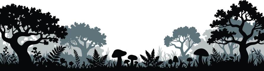 Forest floor silhouette illustration with mushrooms and deciduous trees silhouette mushrooms woodland landscape botanical background wildlife outdoors illustration vegetation environment © MstAsmaAkter