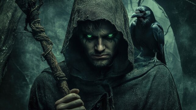 dark sorcerer with raven and staff