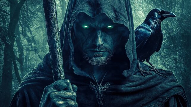 dark sorcerer in forest with raven