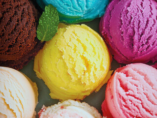 A close-up view of various colorful ice cream scoops, including chocolate, yellow, pink, blue, and purple, with a fresh mint leaf garnish. © Kresna