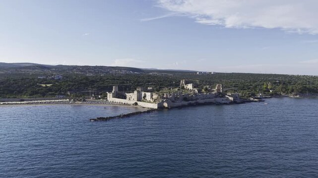 Aerial Drone View of Korykos Castle and Mediterranean Coastline in Mersin, Turkey, Historic Fortress by the Sea at Sunset