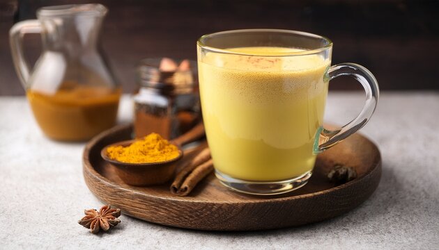 a glass mug of golden milk latte is placed on a wooden tray with spices
