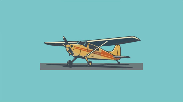 Retro styled illustration of a small propeller aircraft on a runway.