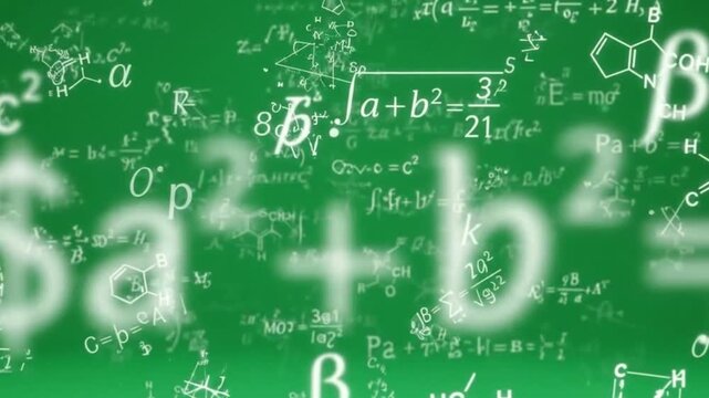 Mathematical Equations and Chemistry Formulas Flying on Green Background