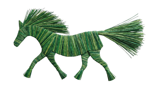 A stylized horse figure crafted from green raffia or straw fibers isolated on transparent background