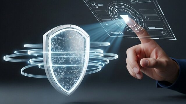 Cybersecurity concept with a digital shield icon surrounded by data rings and a human finger touching a futuristic holographic interface for network protection and data privacy.