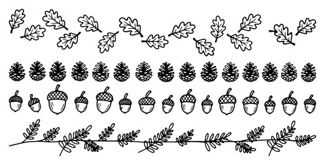 Autumn nature borders with oak leaves pine cones acorns and branches in minimalist line art style © Cristiano