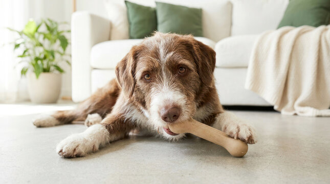 Brown and white dog chewing on a wooden bone toy while lying on a concrete floor in a cozy living room with a sofa and plants