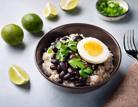 healthy bowl of rice with black beans fresh cilantro jalapenos lime and boiled egg