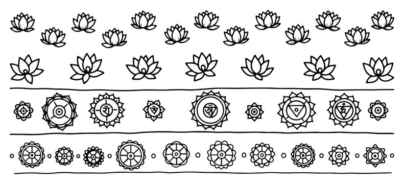 Lotus flowers and spiritual mandala borders in minimalist line art style